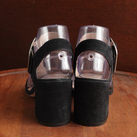 Stuart Weitzman Sandals WMS SZ 5.5M BLK Suede Block Heel Buckle Slingback Shoes - Picture 6 of 13